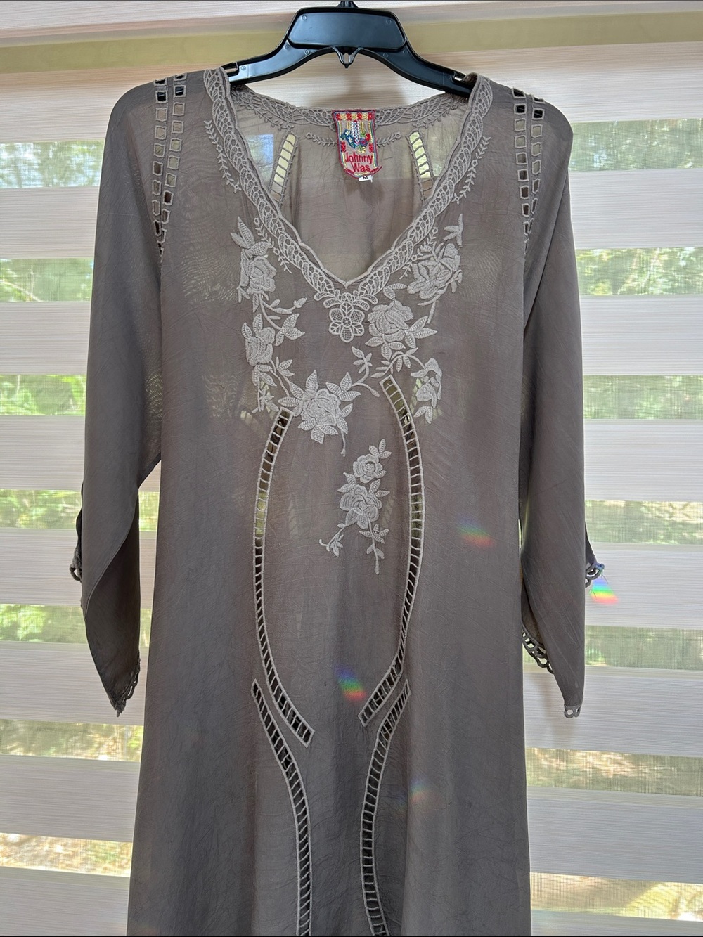 Johnny Was Taupe Embroidered Asymmetrical Tunic - Picture 2 of 16